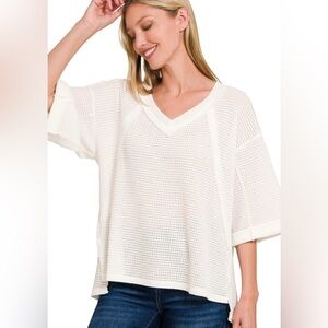 Zenana Brushed Waffle Exposed Seam 3/4 Sleeve Top